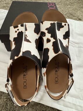 Boutique by Corky's Carley Cow Print Wedge Sandals - Cow Smooth - Size 8